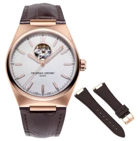 Frederique Constant Highlife Heart Beat Automatic Rose Gold Plated Stainless Steel Silver-Tone Dial Interchangeable Brown Rubber Strap Mens Watch FC-310V4NH4