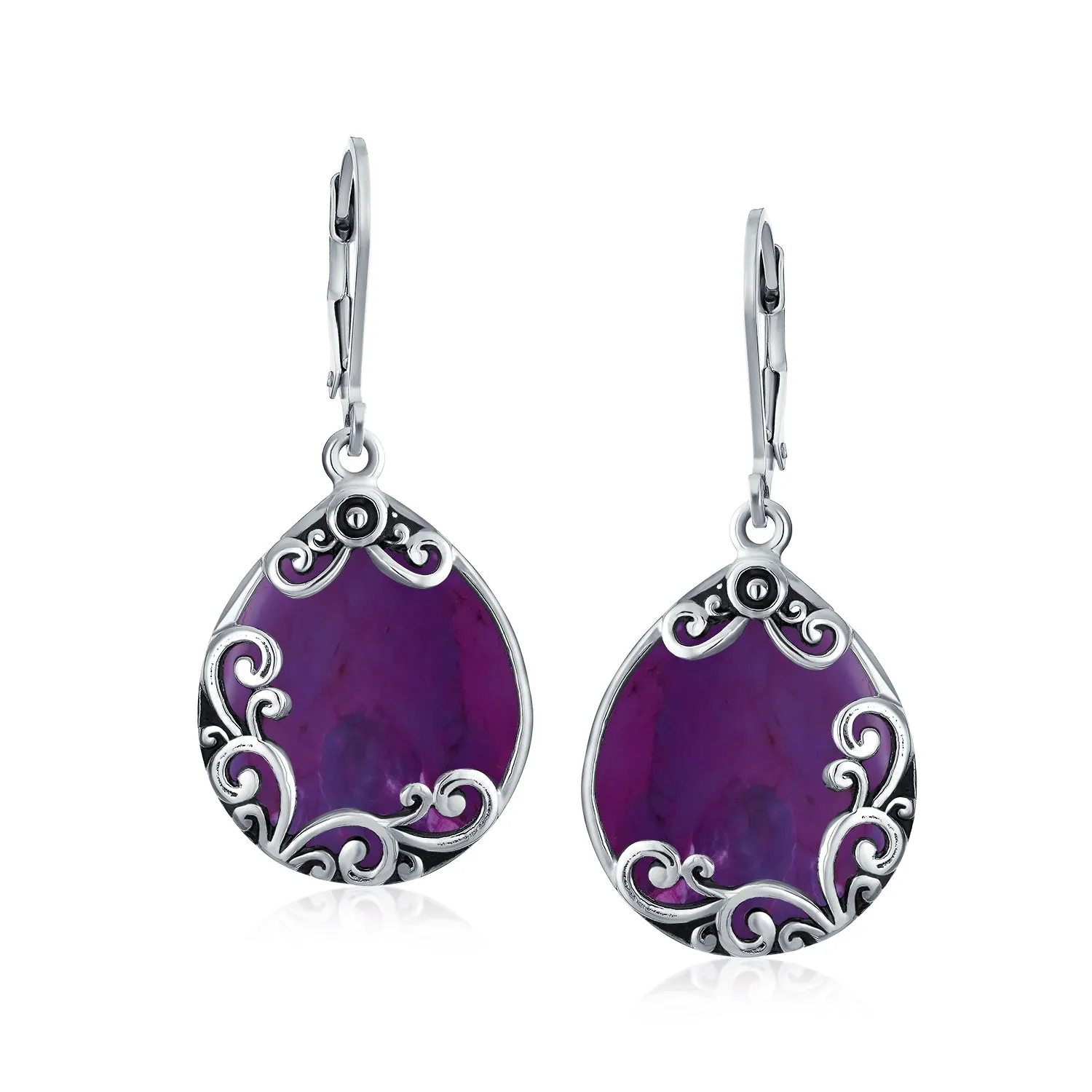 Gemstones Large Teardrop Filigree Scroll Western Earrings .925 Silver