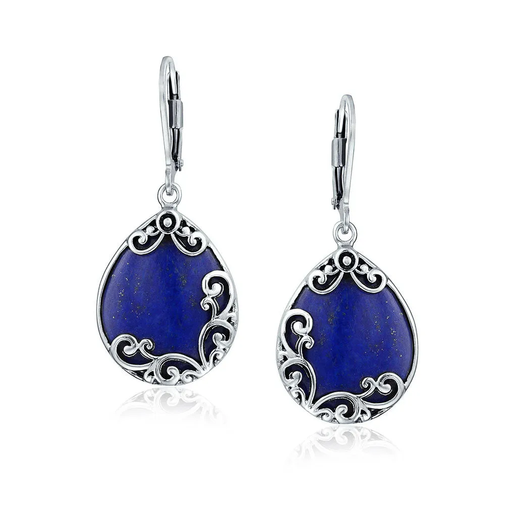 Gemstones Large Teardrop Filigree Scroll Western Earrings .925 Silver