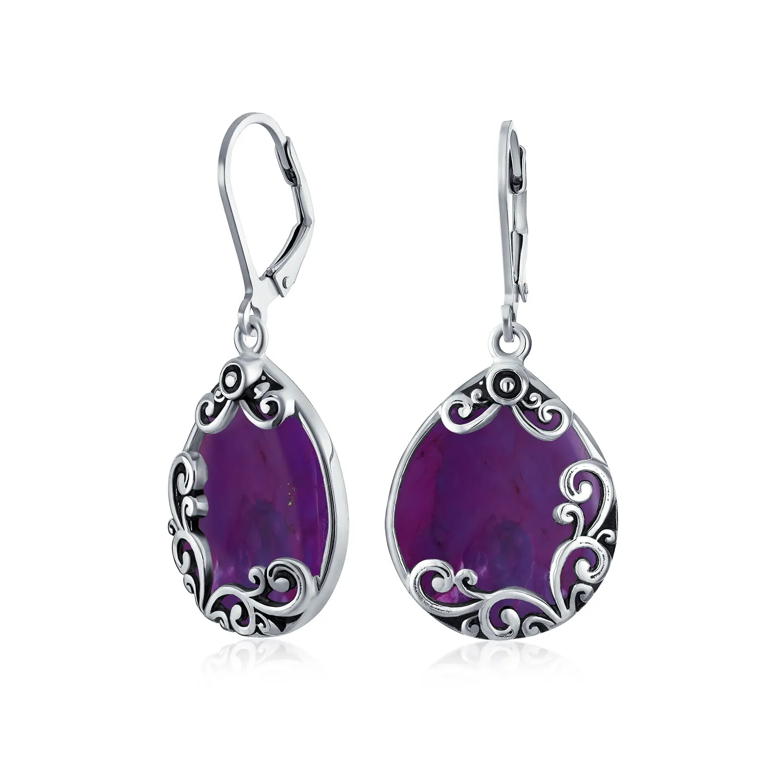 Gemstones Large Teardrop Filigree Scroll Western Earrings .925 Silver
