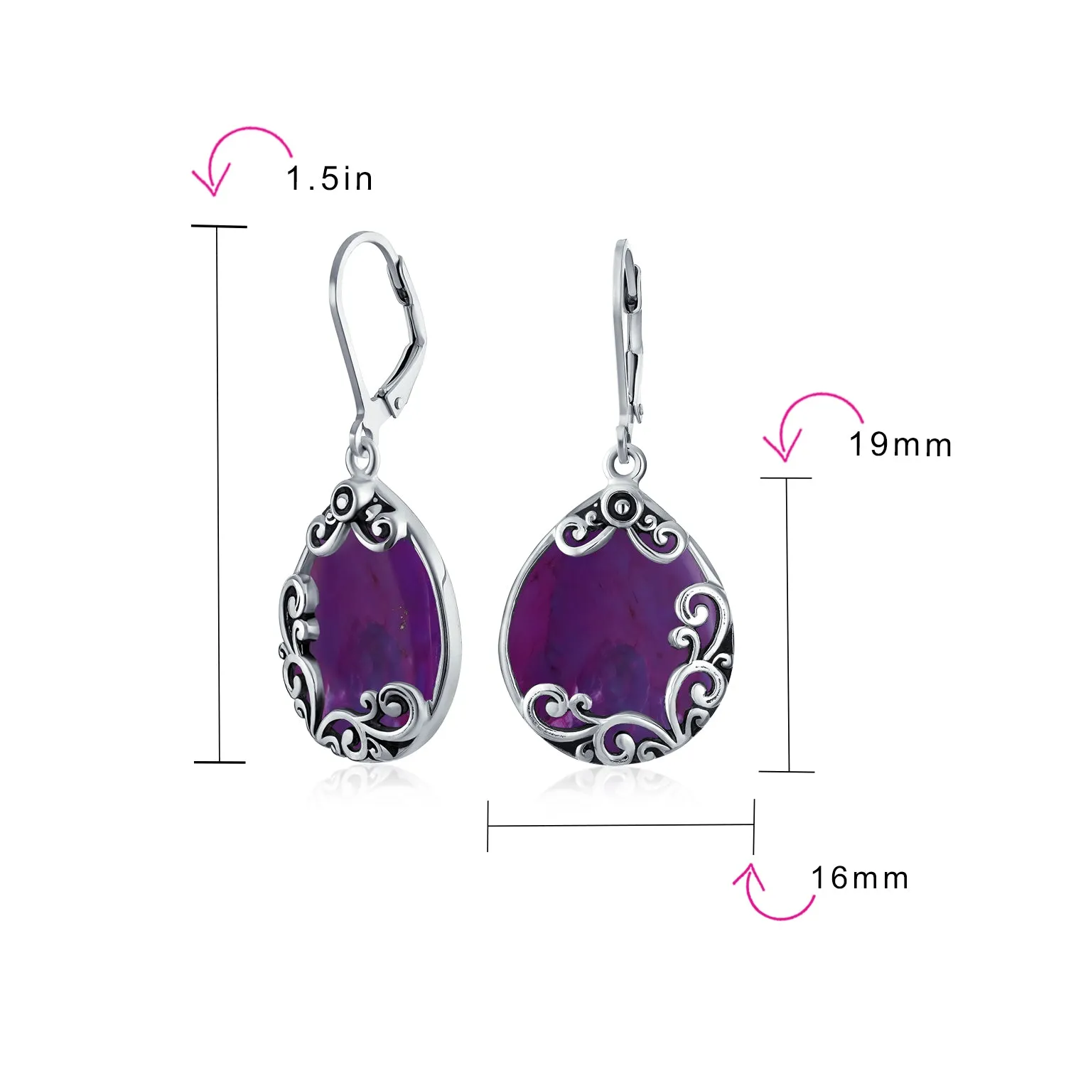 Gemstones Large Teardrop Filigree Scroll Western Earrings .925 Silver