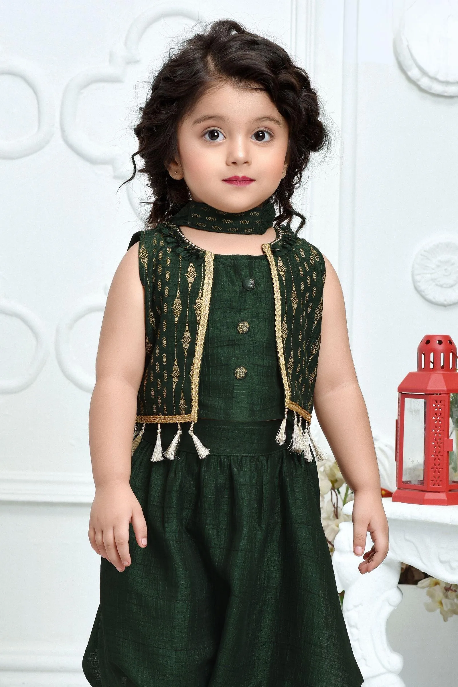 Green Printed and Lace work Overcoat with Dhoti Styled Choli for Girls