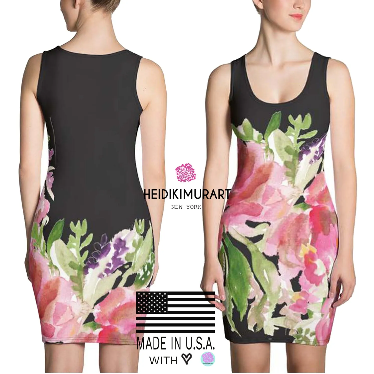 Green Women's 1-pc Black Pink Floral Print Women's Sleeveless Dress - Made in USA/EU