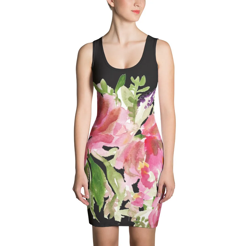 Green Women's 1-pc Black Pink Floral Print Women's Sleeveless Dress - Made in USA/EU
