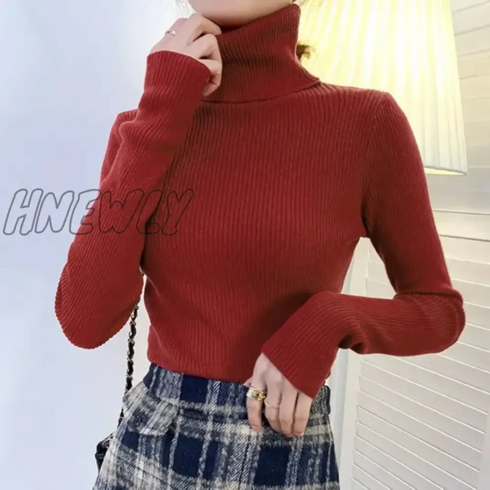 Hnewly Winter Turtleneck Sweater Women Elegant Lined Warm Knitted Pullover Slim Long Sleeve Tops High Neck Jersey Knitwear Jumper New
