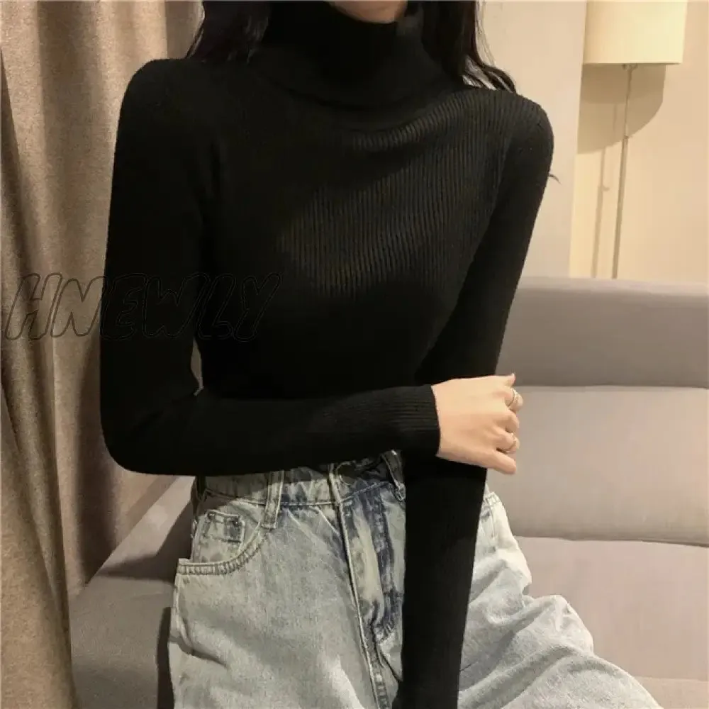 Hnewly Winter Turtleneck Sweater Women Elegant Lined Warm Knitted Pullover Slim Long Sleeve Tops High Neck Jersey Knitwear Jumper New