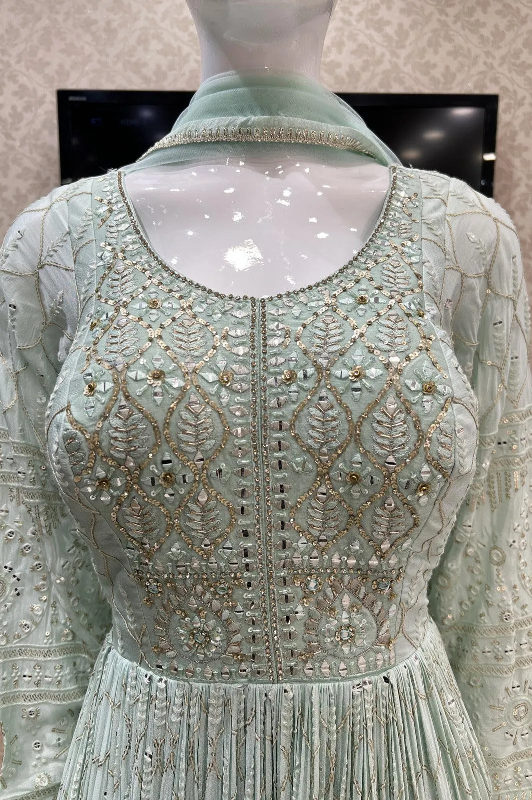 Light Blue Thread, Sequins, Zardozi and Stone work Floor Length Anarkali Suit