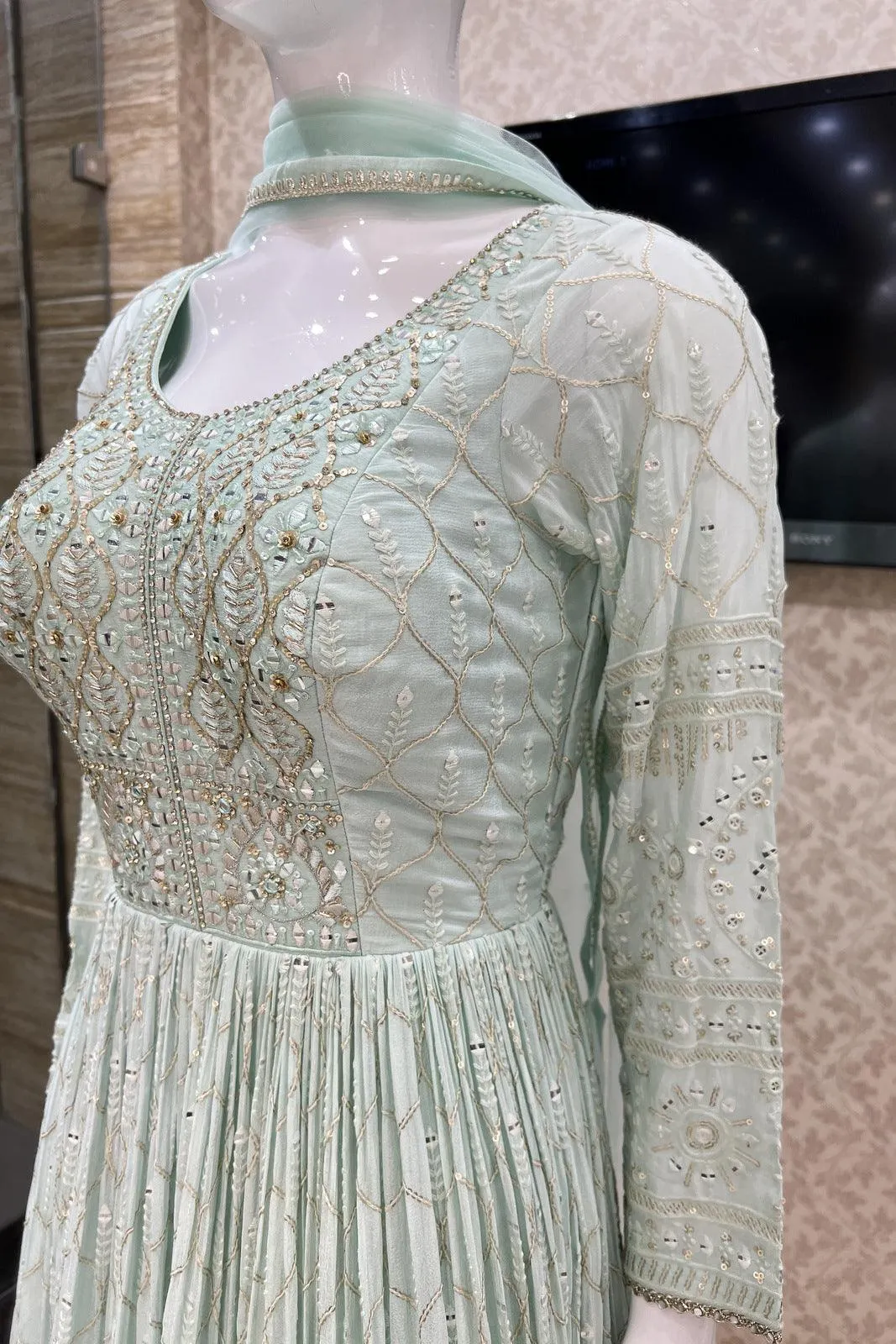 Light Blue Thread, Sequins, Zardozi and Stone work Floor Length Anarkali Suit