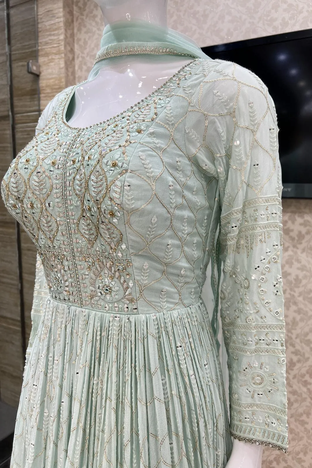 Light Blue Thread, Sequins, Zardozi and Stone work Floor Length Anarkali Suit