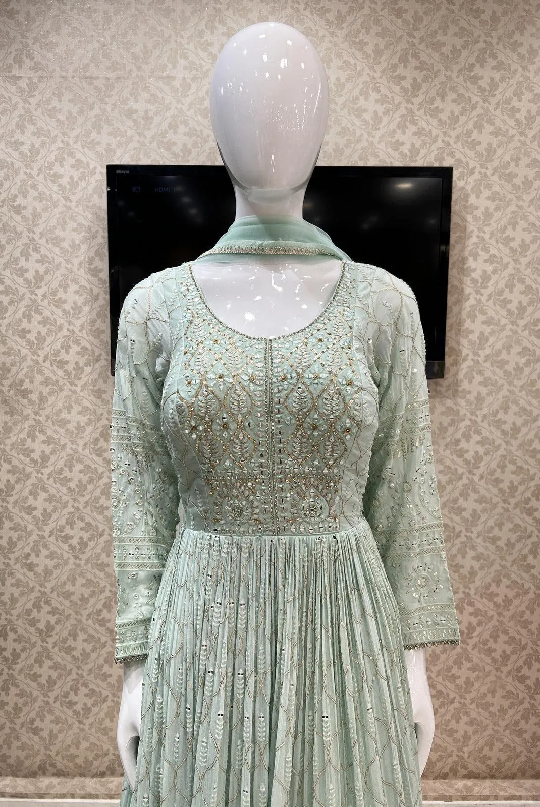 Light Blue Thread, Sequins, Zardozi and Stone work Floor Length Anarkali Suit