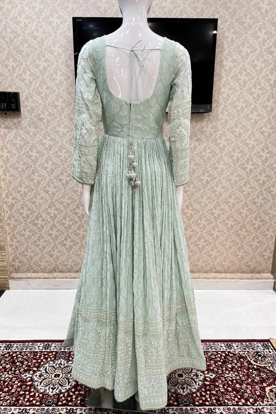 Light Blue Thread, Sequins, Zardozi and Stone work Floor Length Anarkali Suit