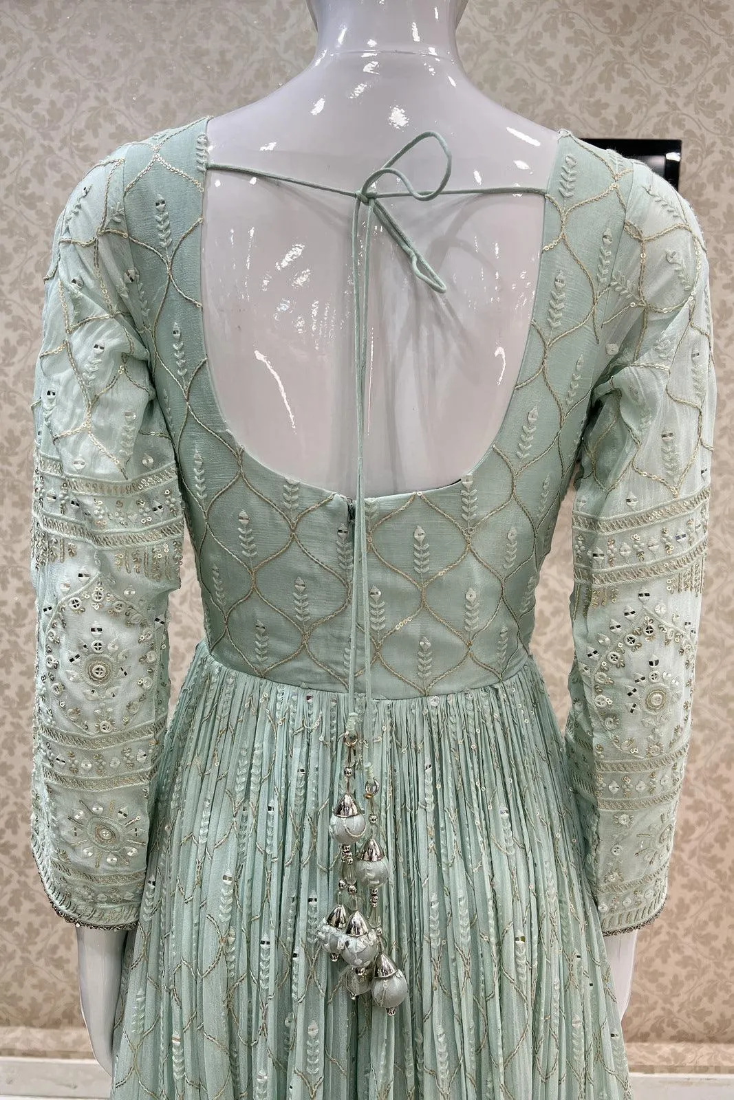 Light Blue Thread, Sequins, Zardozi and Stone work Floor Length Anarkali Suit