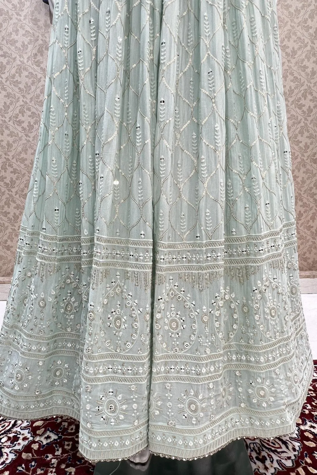 Light Blue Thread, Sequins, Zardozi and Stone work Floor Length Anarkali Suit