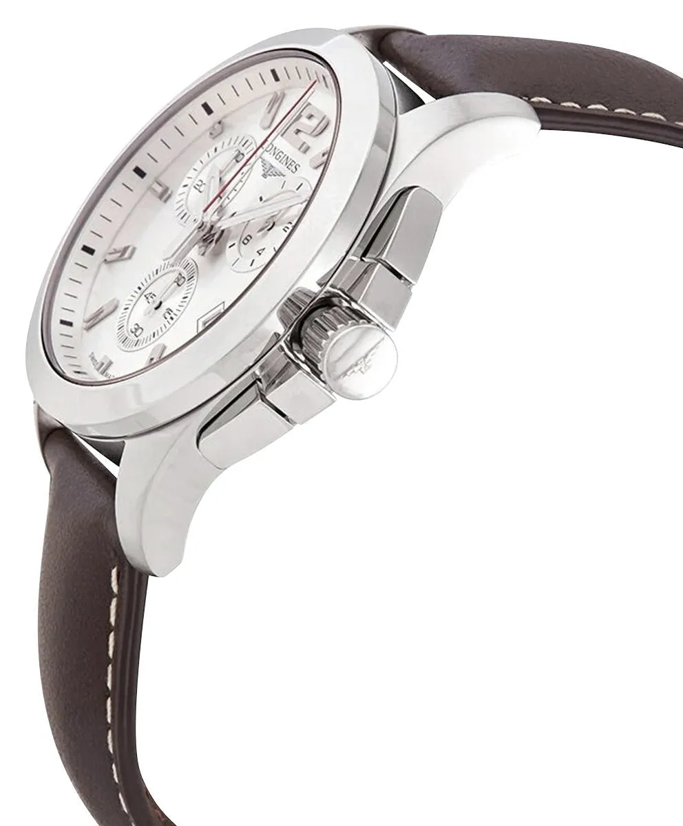 Longines Conquest Chronograph Stainless Steel Silver Dial Brown Leather Strap Date Divers Quartz Mens Watch L3.702.4.76.5
