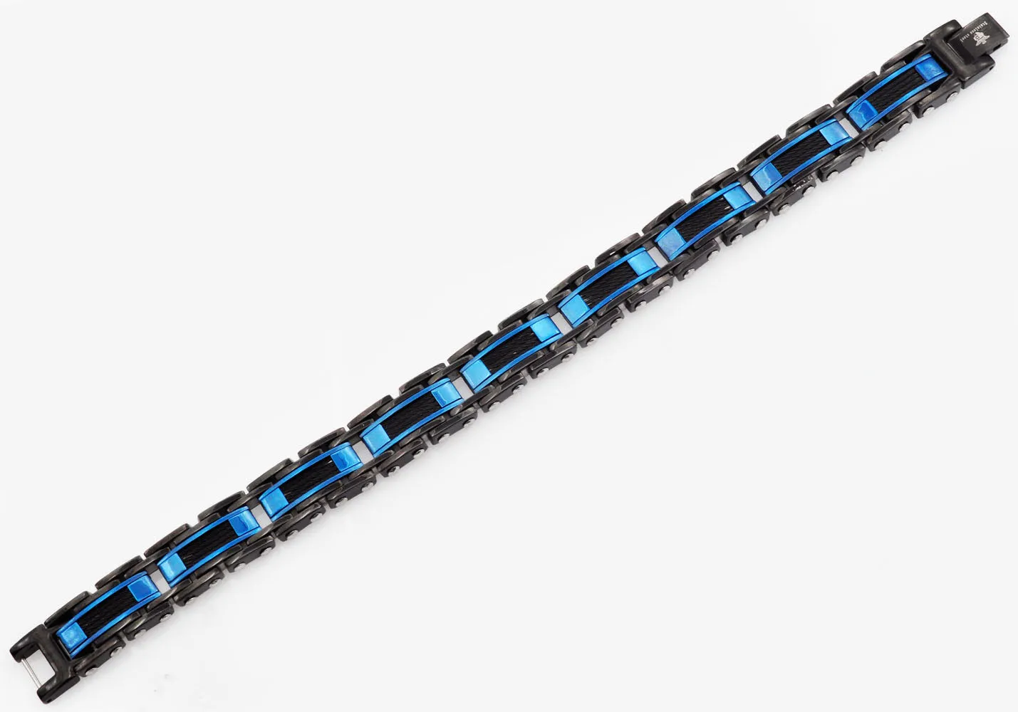 Mens Black And Blue Stainless Steel Bracelet With Black Plated Cables