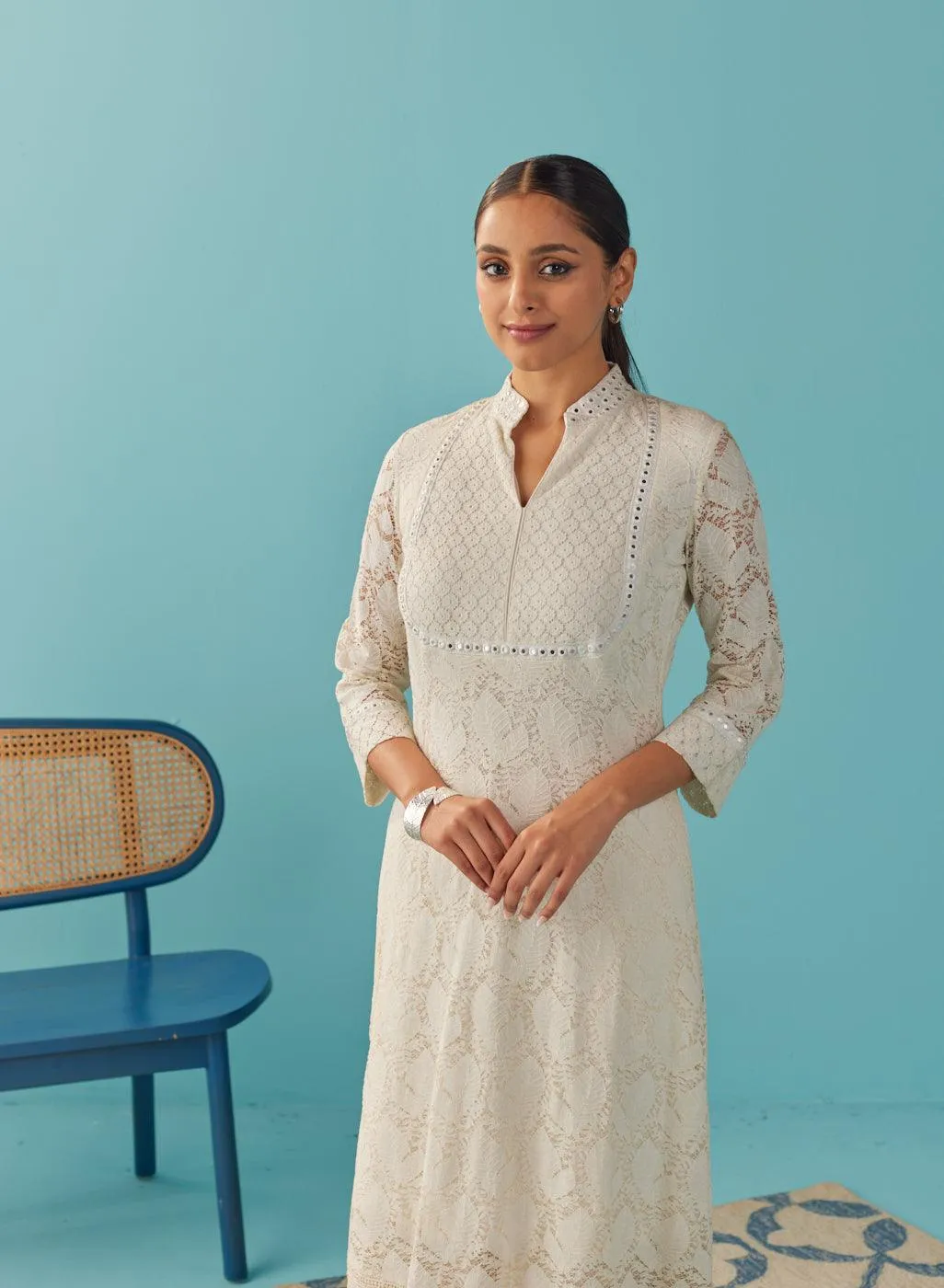Mirror Work Ivory Kurta with Floral Motifs