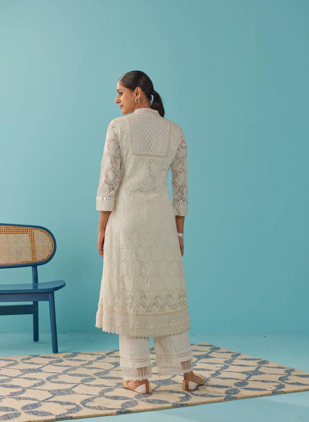 Mirror Work Ivory Kurta with Floral Motifs