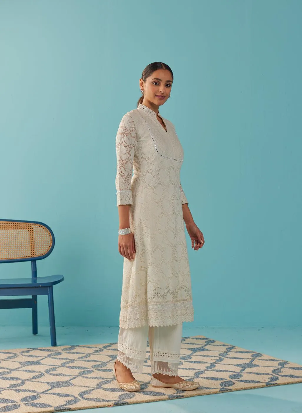Mirror Work Ivory Kurta with Floral Motifs