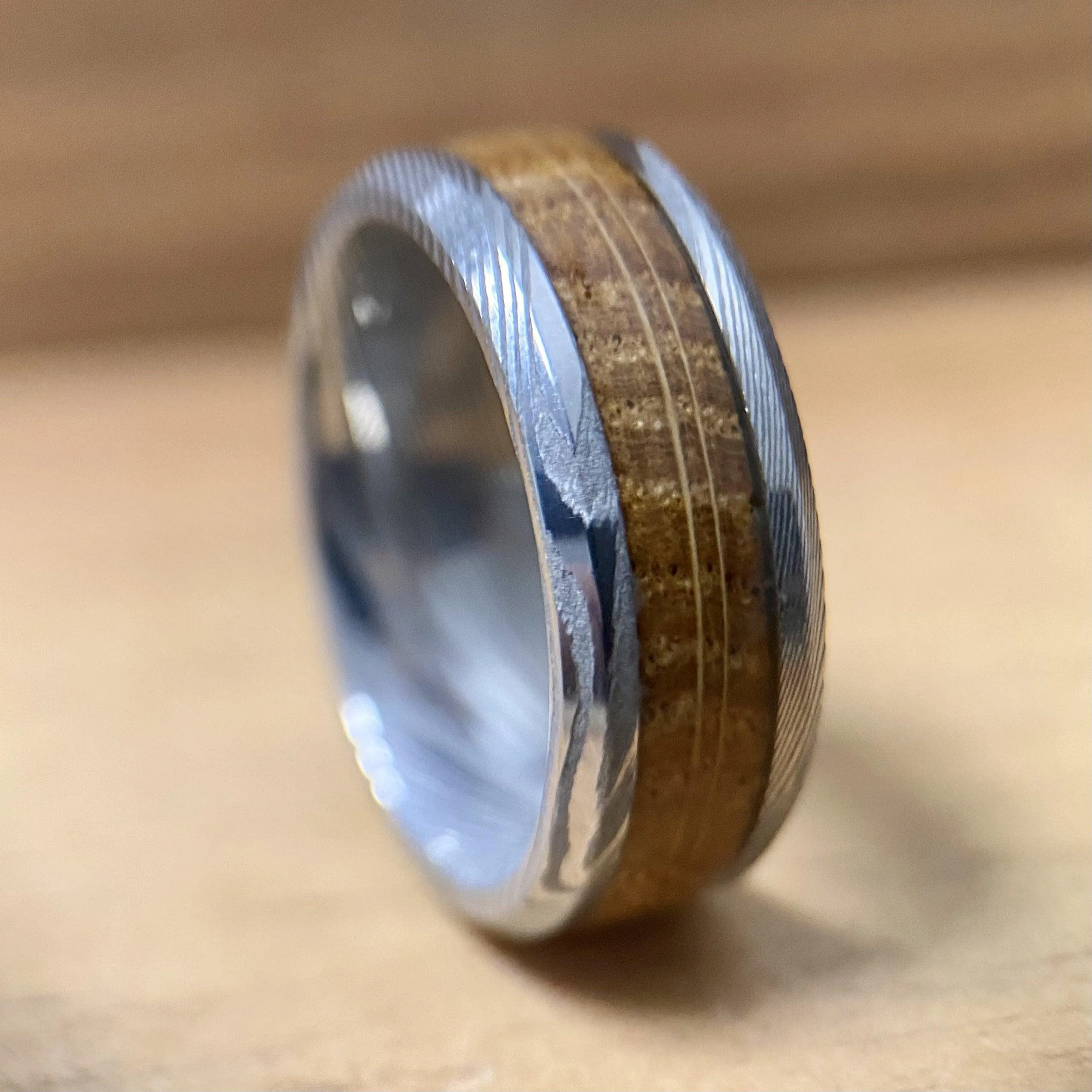 "The Rustic Warrior" Damascus Steel Design Ring With Wood From A Reclaimed Bourbon Whiskey Barrel