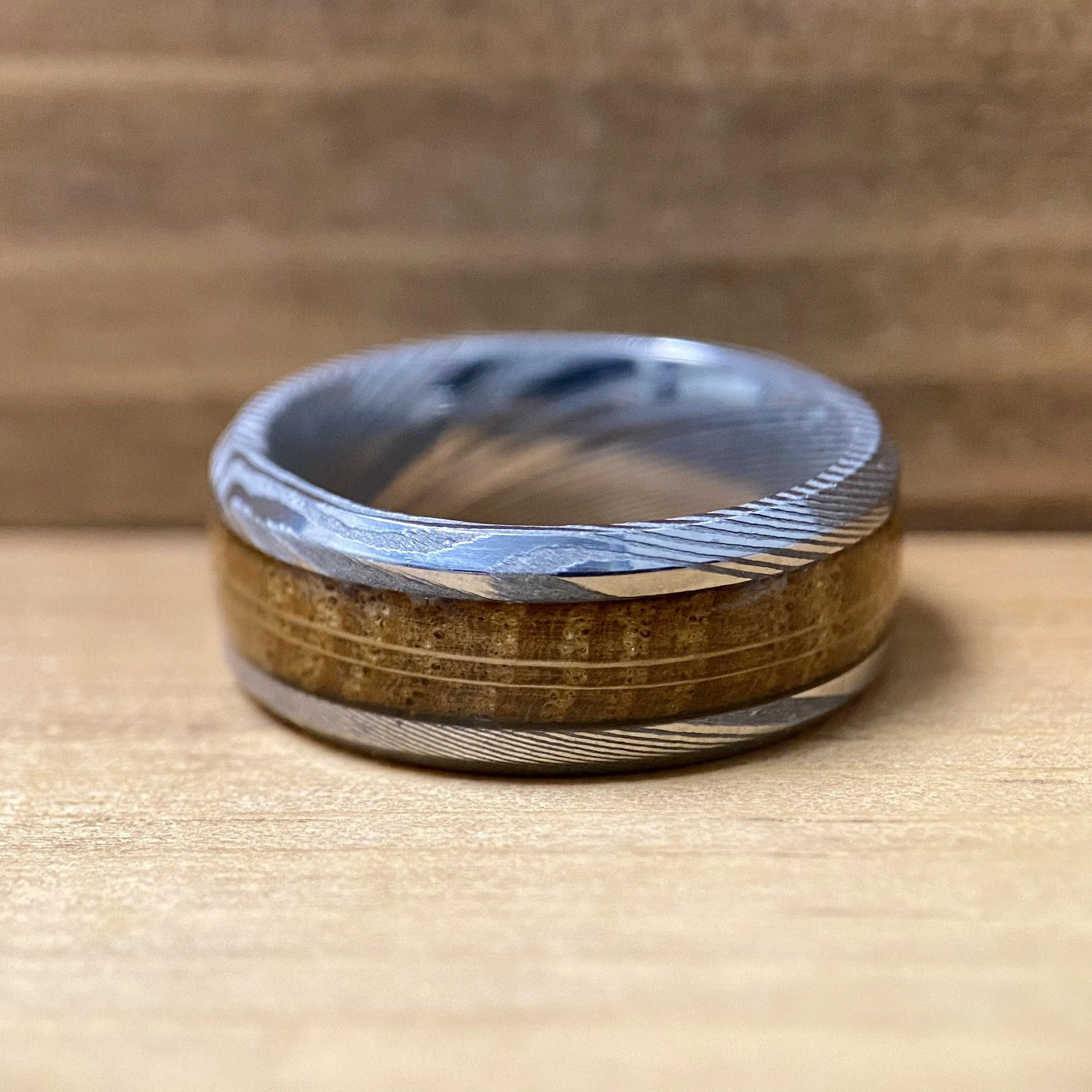 "The Rustic Warrior" Damascus Steel Design Ring With Wood From A Reclaimed Bourbon Whiskey Barrel