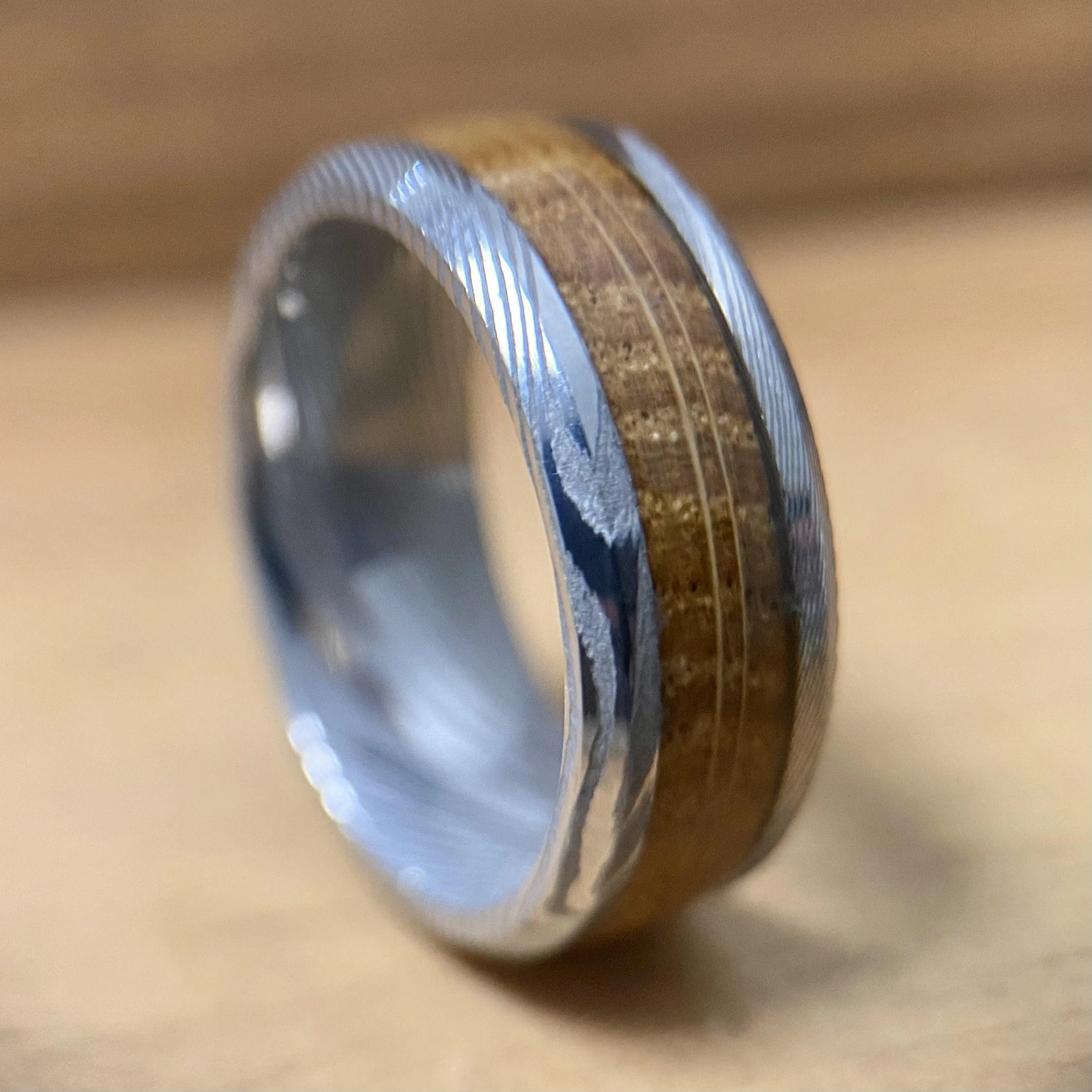 "The Rustic Warrior" Damascus Steel Design Ring With Wood From A Reclaimed Bourbon Whiskey Barrel