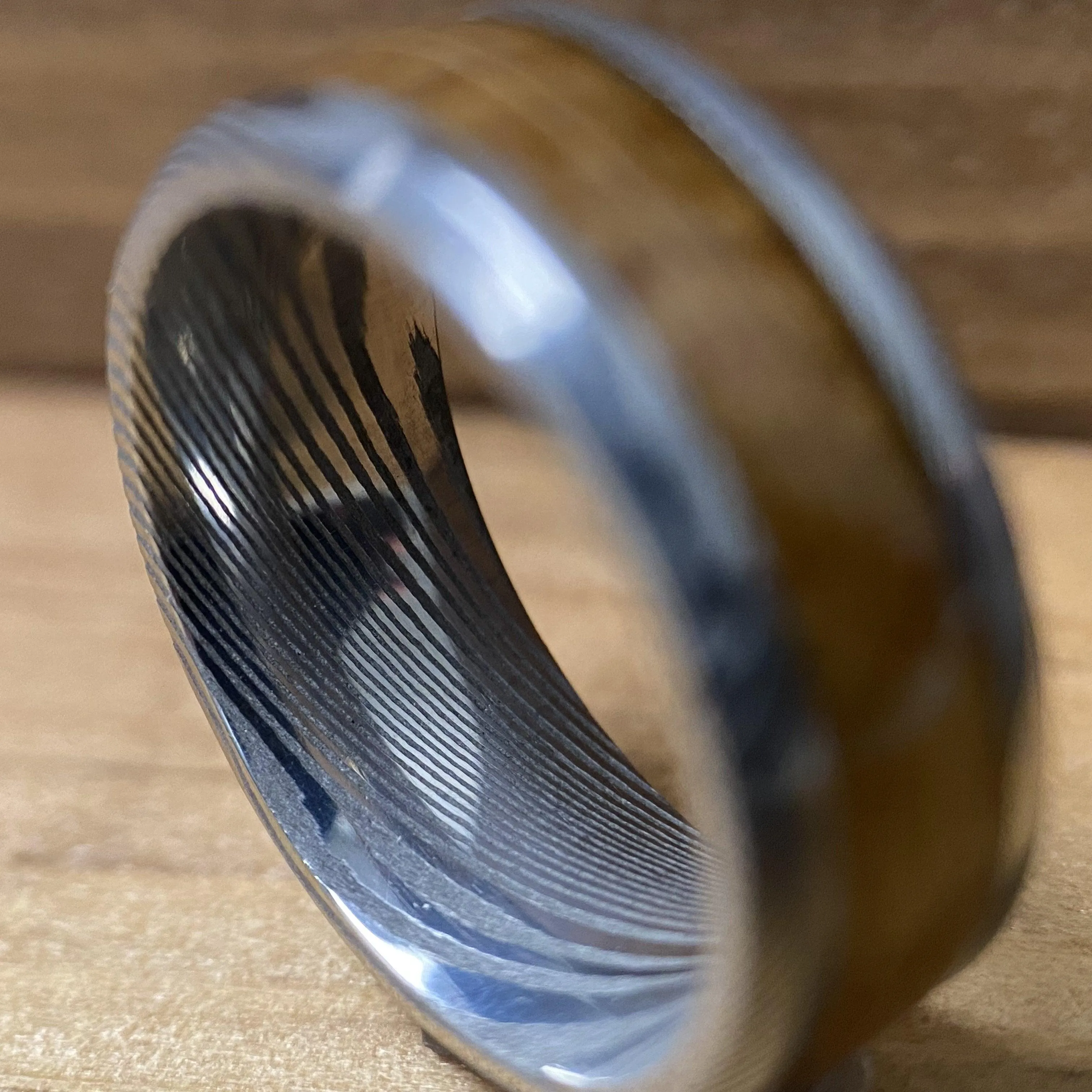 "The Rustic Warrior" Damascus Steel Design Ring With Wood From A Reclaimed Bourbon Whiskey Barrel