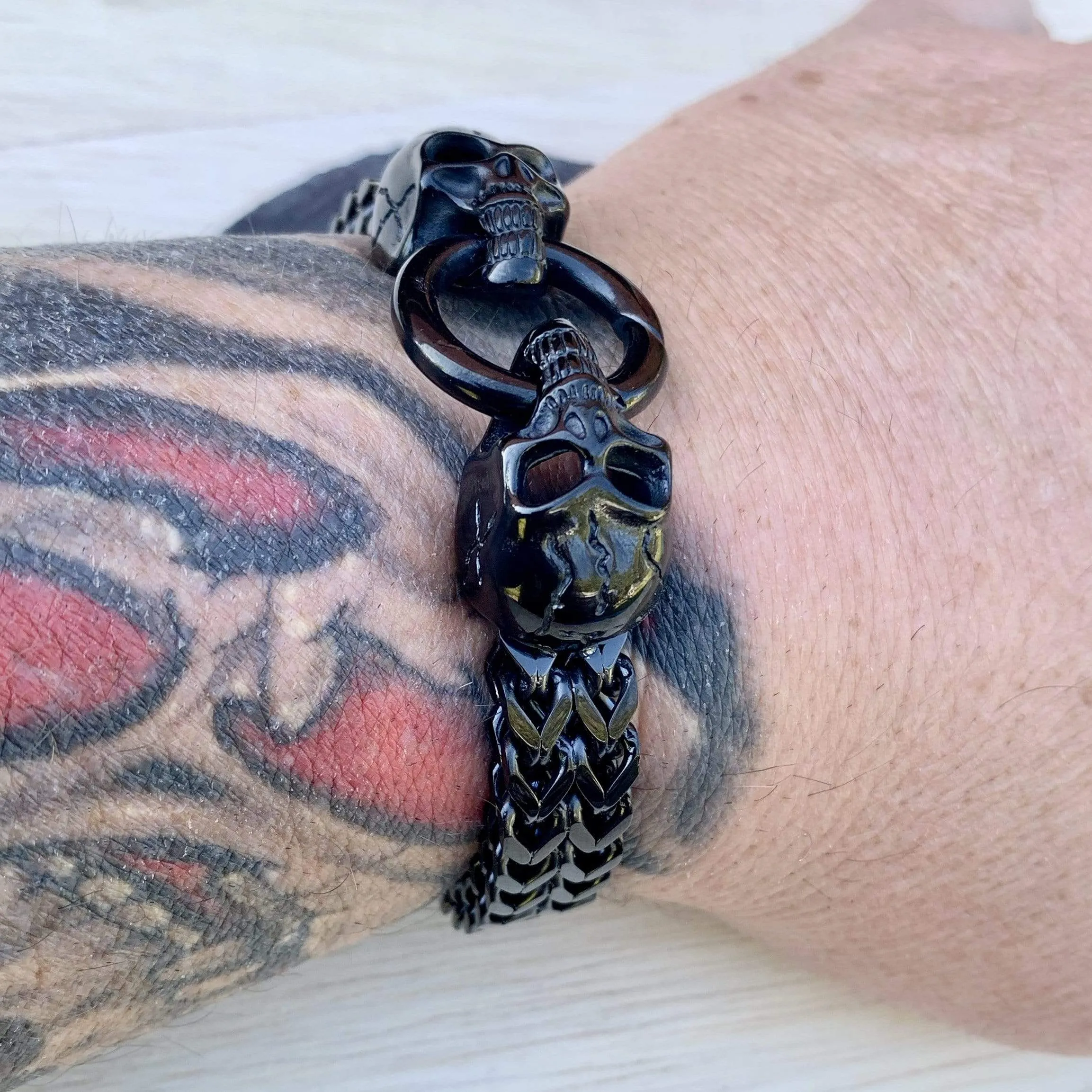 "Viking with 2 Skull Heads" Bracelet - Black - 1/2 inch wide - B77