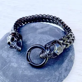 "Viking with 2 Skull Heads" Bracelet - Black - 1/2 inch wide - B77