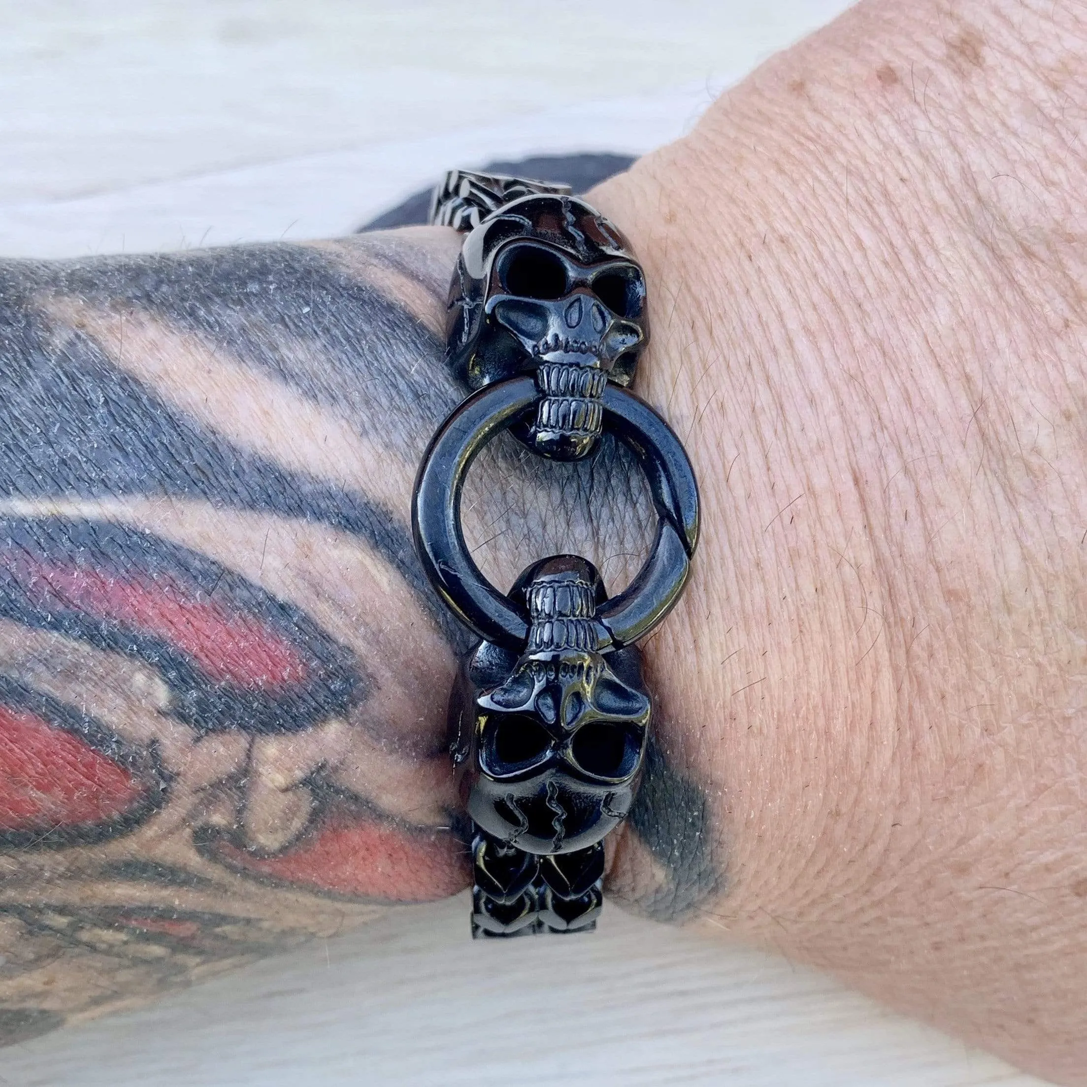 "Viking with 2 Skull Heads" Bracelet - Black - 1/2 inch wide - B77