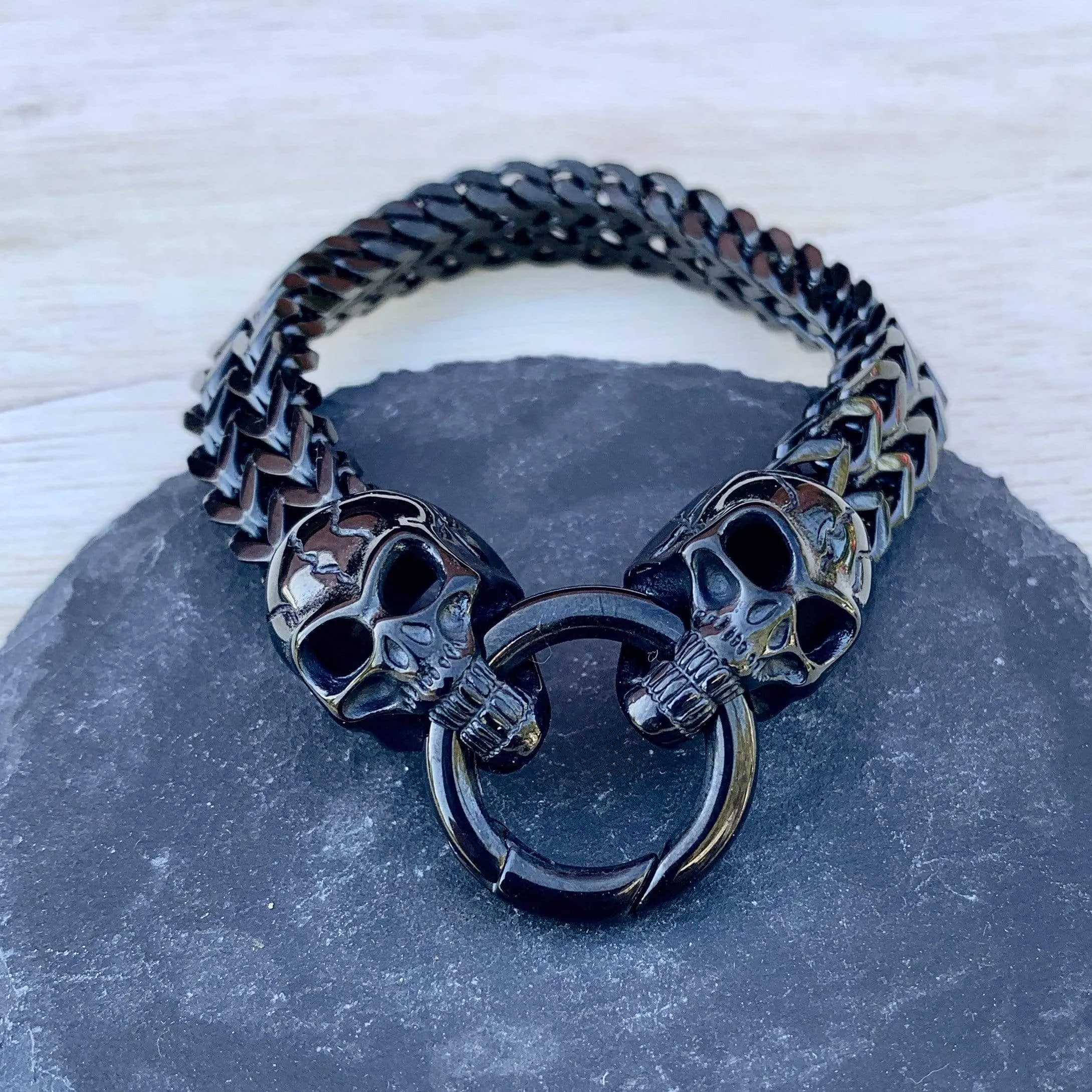 "Viking with 2 Skull Heads" Bracelet - Black - 1/2 inch wide - B77