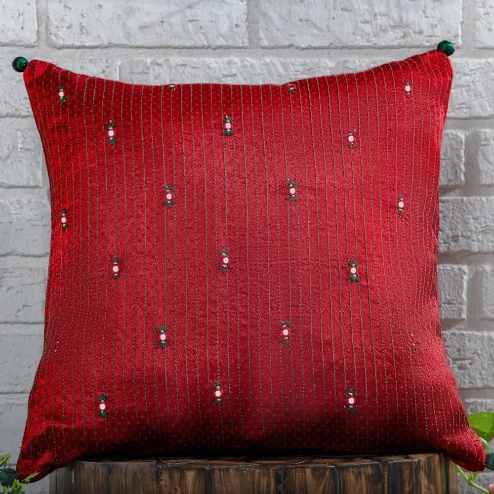 Rich Red Silk Cushion Cover With Hand Embroidery