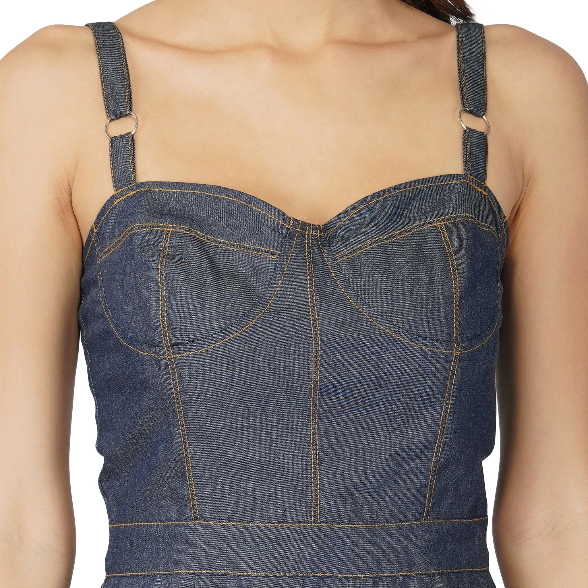 SLAY. Women's Navy Blue Boudoir Detail Denim Dress