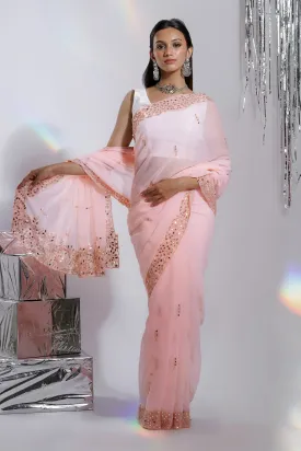 Teejh Amraya Peach Georgette Mirror Work Saree