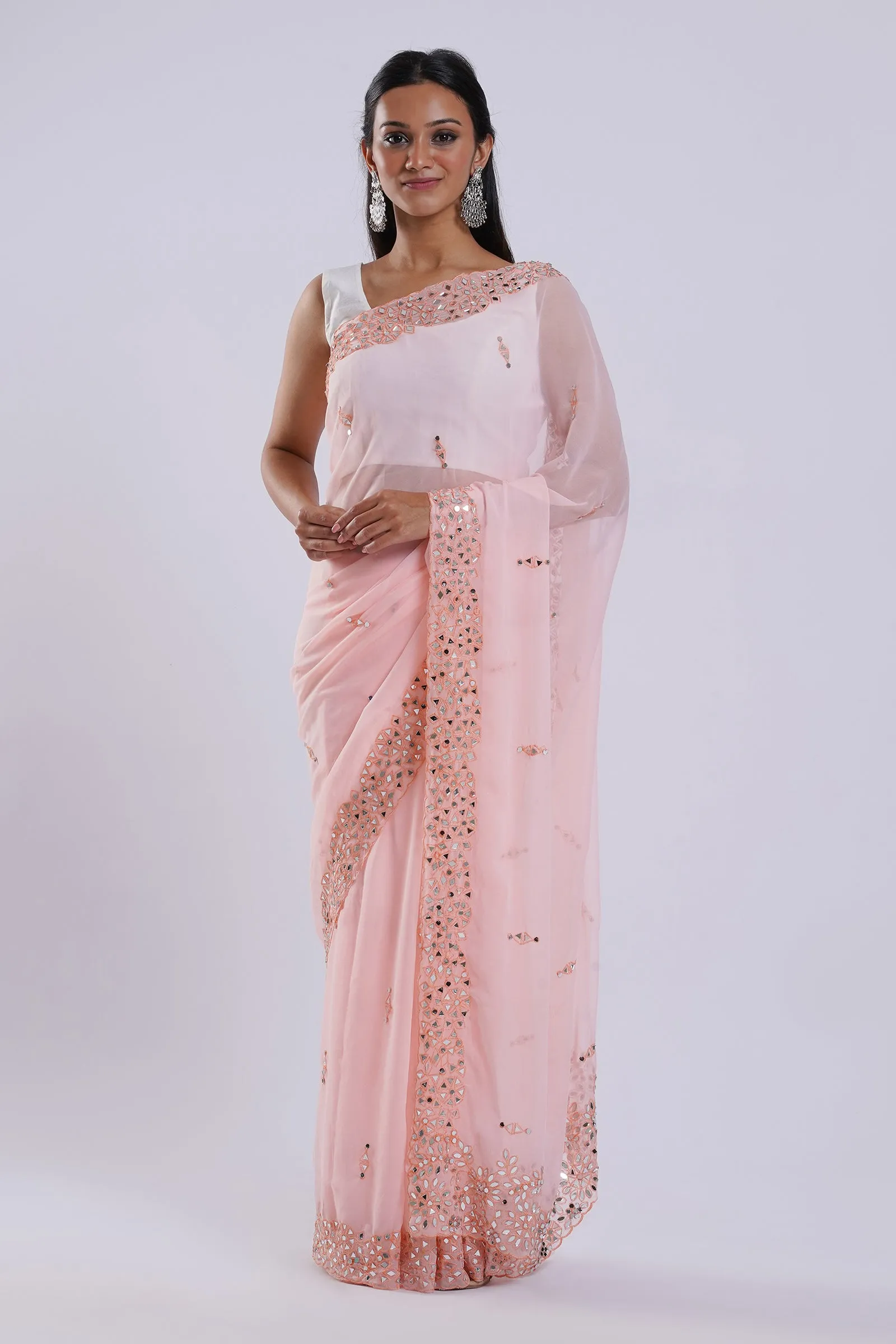 Teejh Amraya Peach Georgette Mirror Work Saree