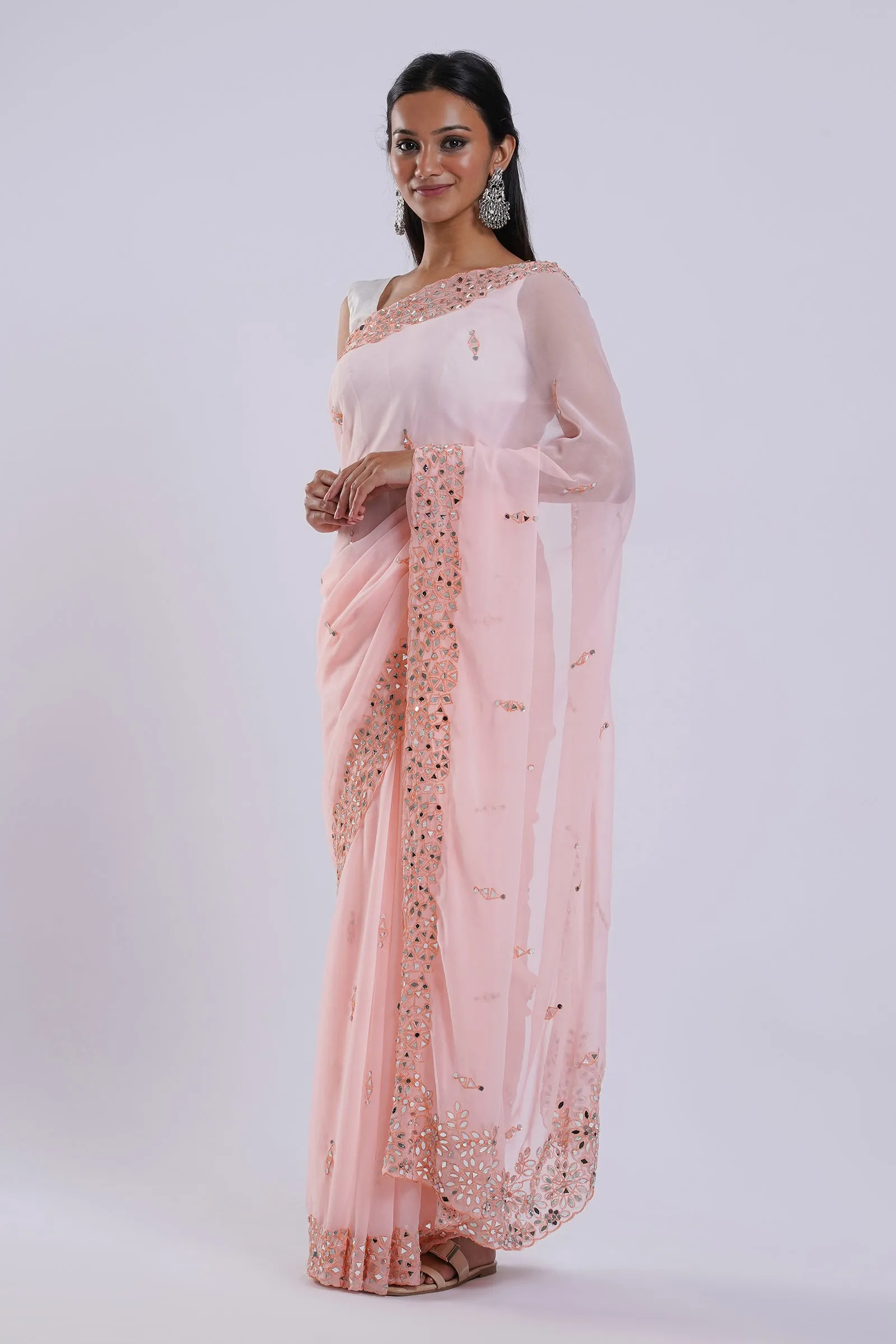 Teejh Amraya Peach Georgette Mirror Work Saree