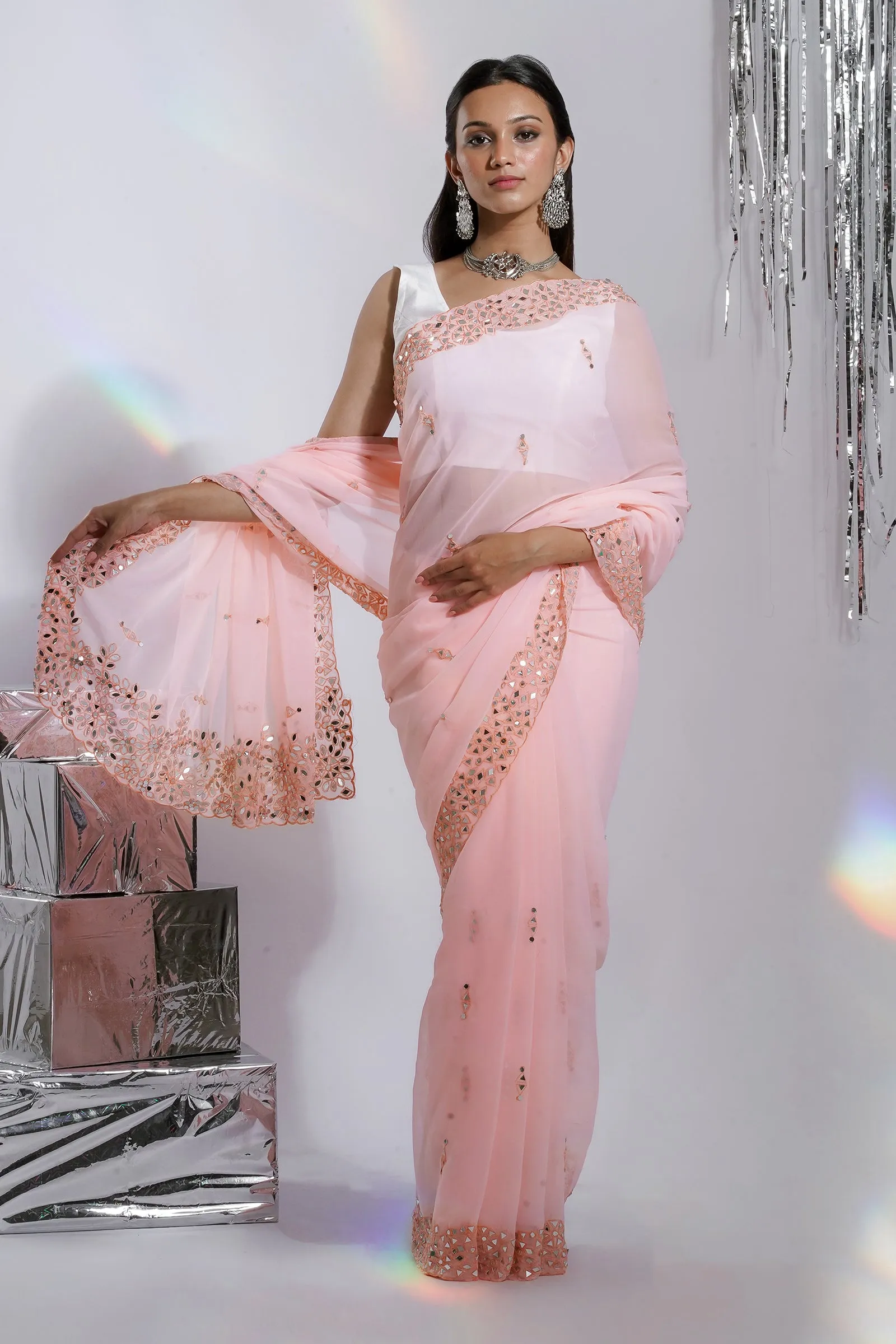 Teejh Amraya Peach Georgette Mirror Work Saree