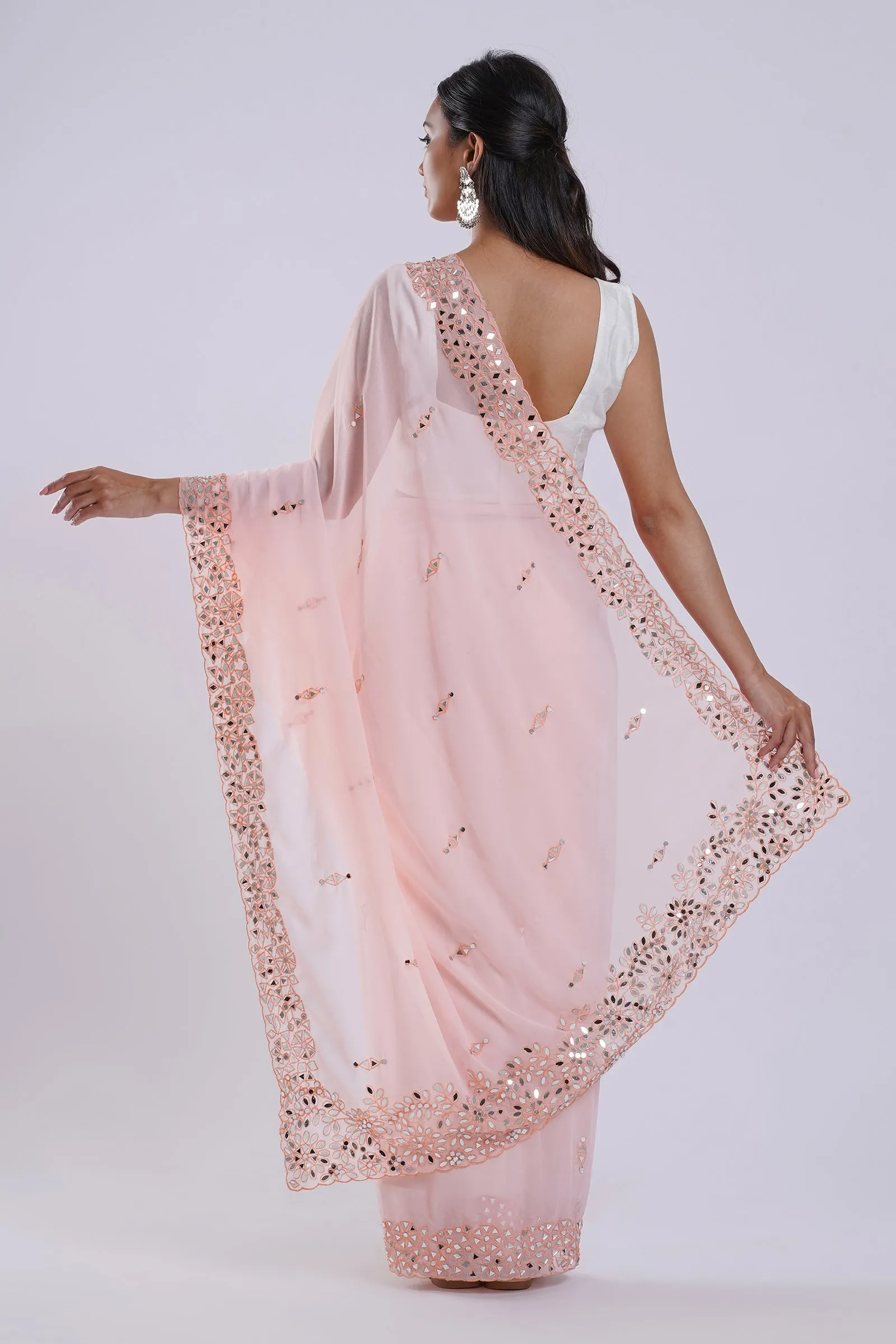 Teejh Amraya Peach Georgette Mirror Work Saree