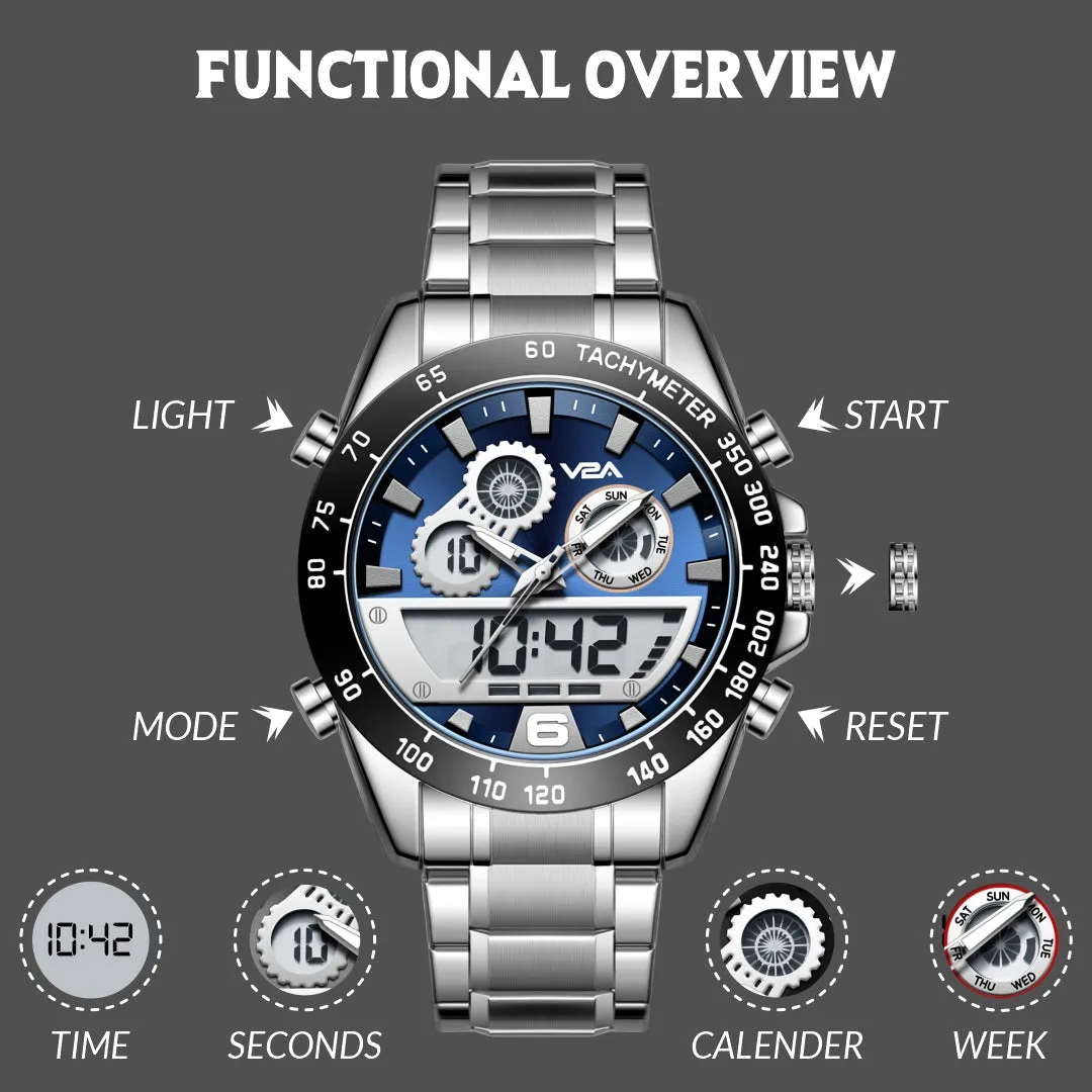 V2A Fusion Series Analog-Digital Men’s Watch with Stainless Steel Band & Alloy Steel Case – Multifunctional with Alarm, Stopwatch, EL Backlight Watch for Men | Gift for Men (Silver-Blue)