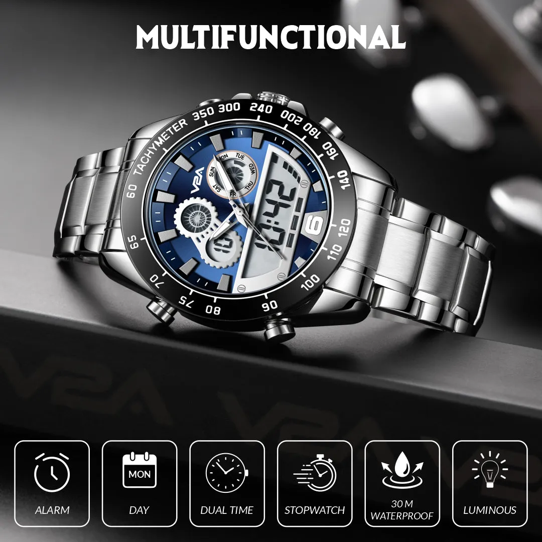 V2A Fusion Series Analog-Digital Men’s Watch with Stainless Steel Band & Alloy Steel Case – Multifunctional with Alarm, Stopwatch, EL Backlight Watch for Men | Gift for Men (Silver-Blue)