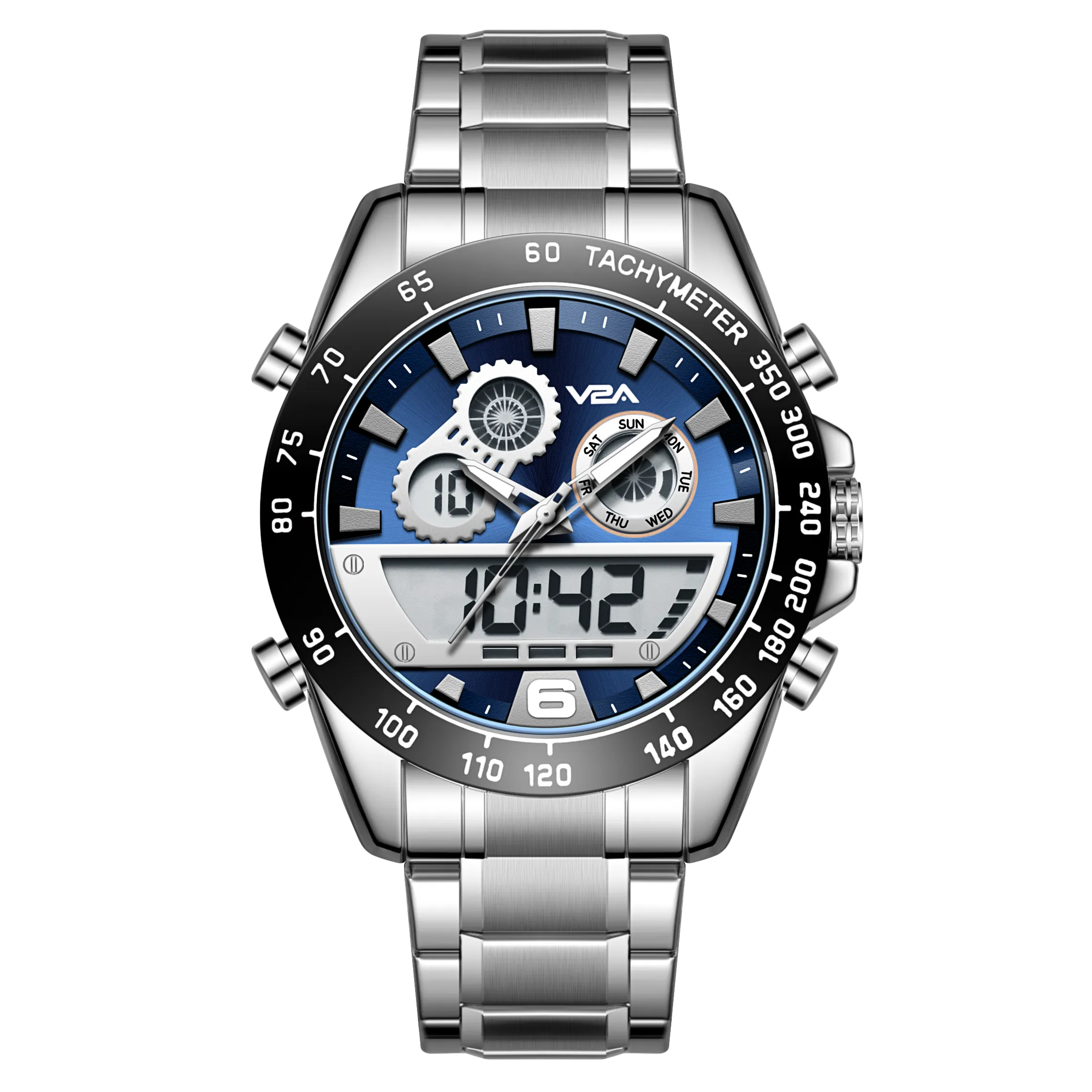 V2A Fusion Series Analog-Digital Men’s Watch with Stainless Steel Band & Alloy Steel Case – Multifunctional with Alarm, Stopwatch, EL Backlight Watch for Men | Gift for Men (Silver-Blue)