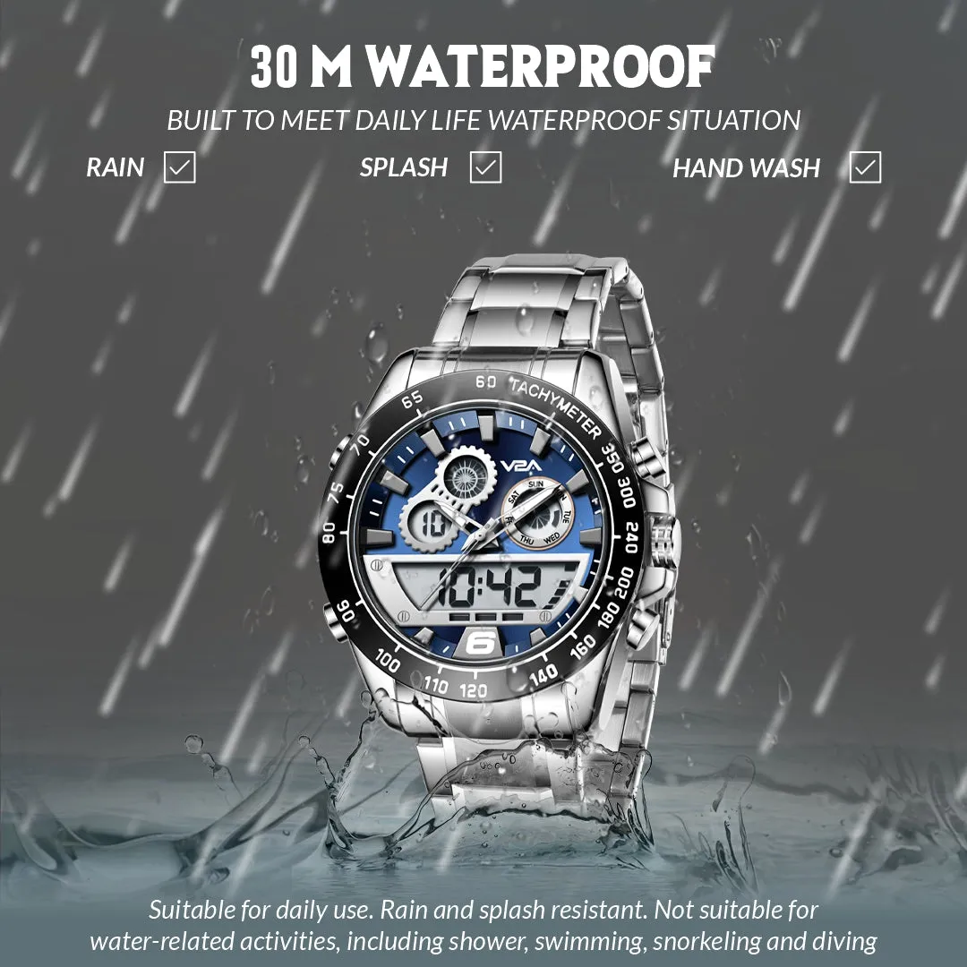 V2A Fusion Series Analog-Digital Men’s Watch with Stainless Steel Band & Alloy Steel Case – Multifunctional with Alarm, Stopwatch, EL Backlight Watch for Men | Gift for Men (Silver-Blue)