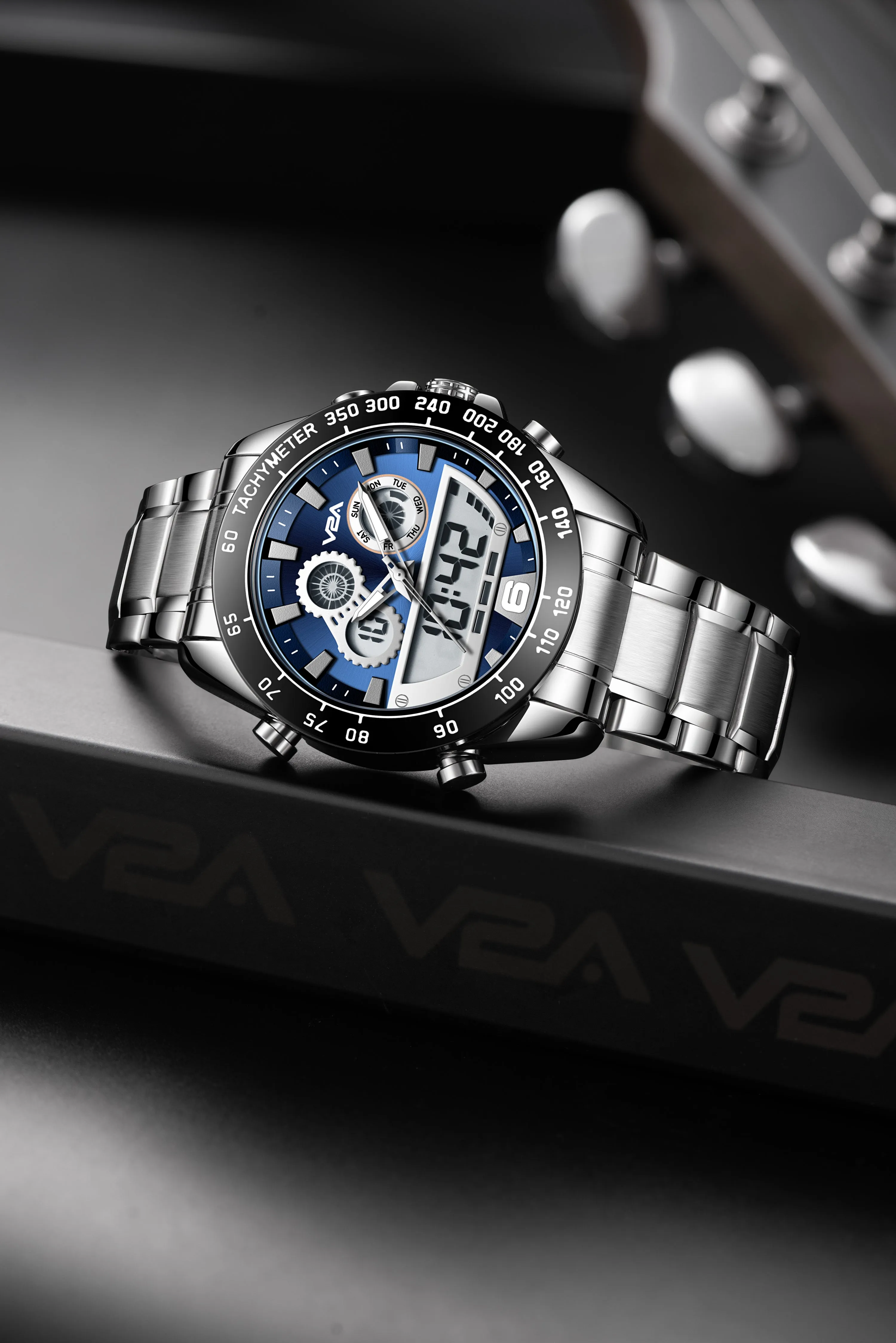 V2A Fusion Series Analog-Digital Men’s Watch with Stainless Steel Band & Alloy Steel Case – Multifunctional with Alarm, Stopwatch, EL Backlight Watch for Men | Gift for Men (Silver-Blue)