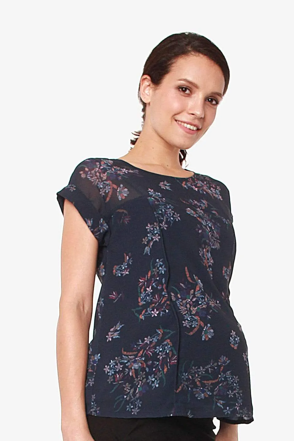 Woven Short Sleeve Clarisa Back Bow Nursing Top Navy Floral