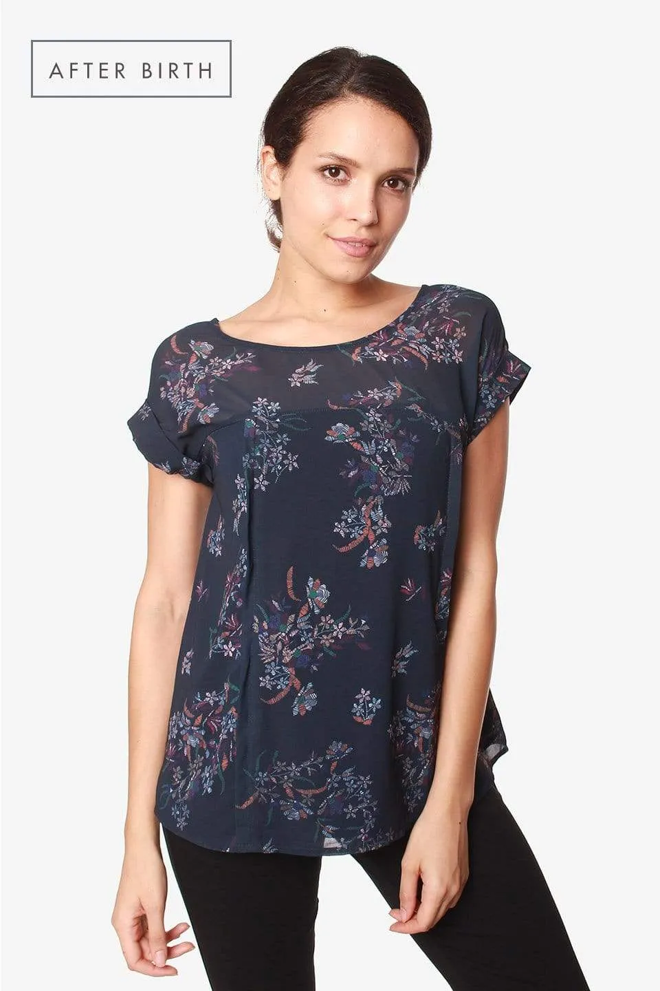 Woven Short Sleeve Clarisa Back Bow Nursing Top Navy Floral