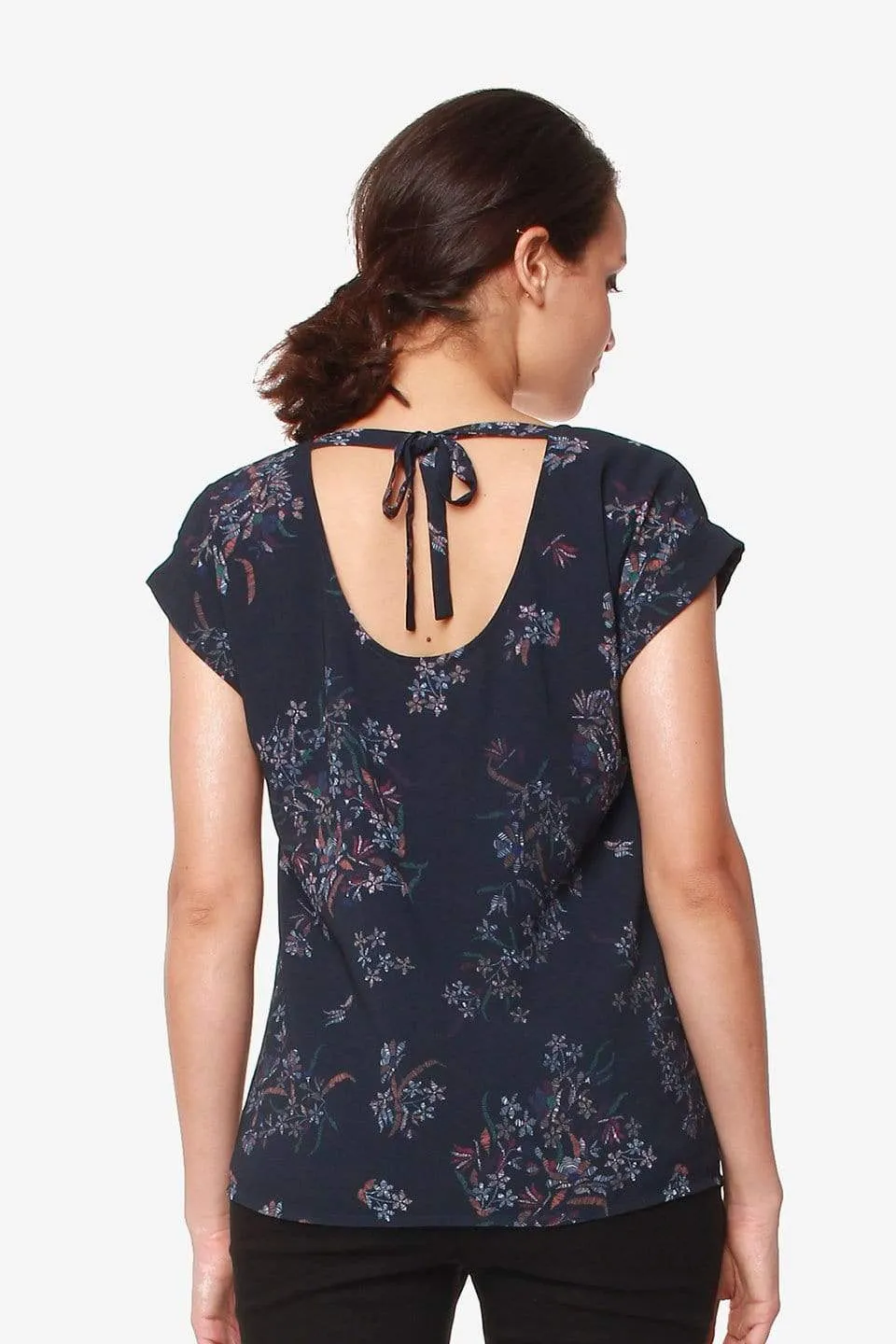 Woven Short Sleeve Clarisa Back Bow Nursing Top Navy Floral